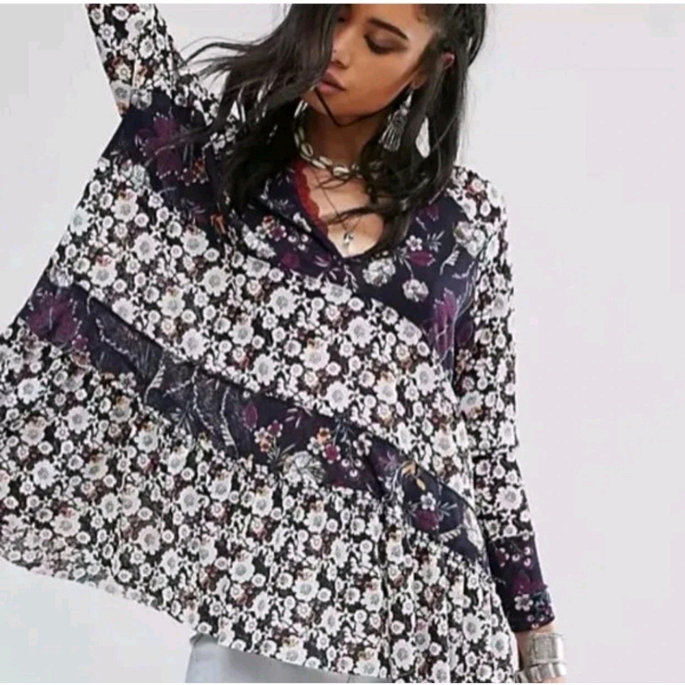 Free People Isabelle Floral Tunic Top Oversized White Blue Purple Blouse S - Picture 1 of 16